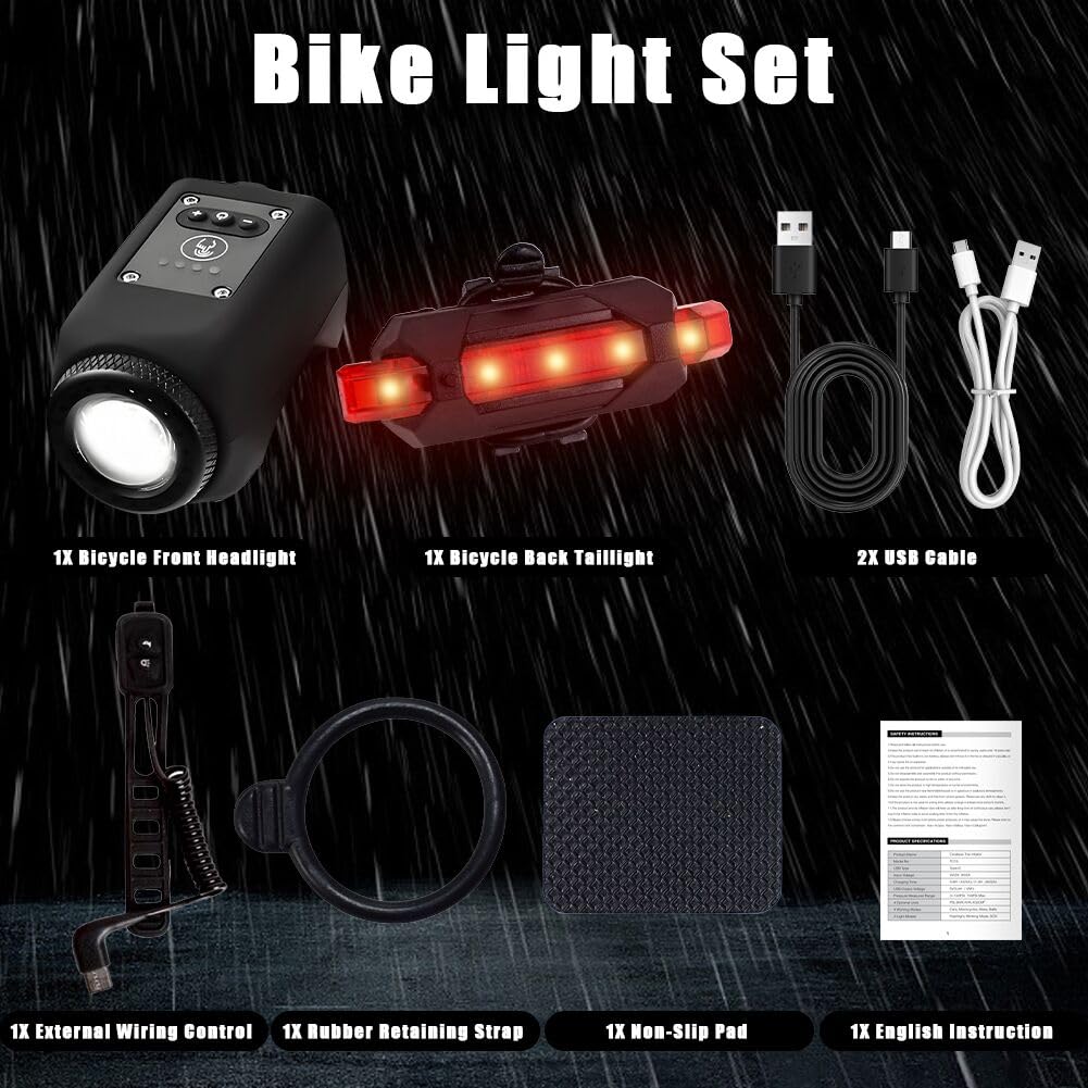 Abnaok Bike Light with Horn，USB Rechargeable Bike Light Set 120dB Powerful Bicycle Front Headlight and Back Taillight, 4 Light Modes, 6 Sound Modes，Easy to Install for Road Mountain Cycling