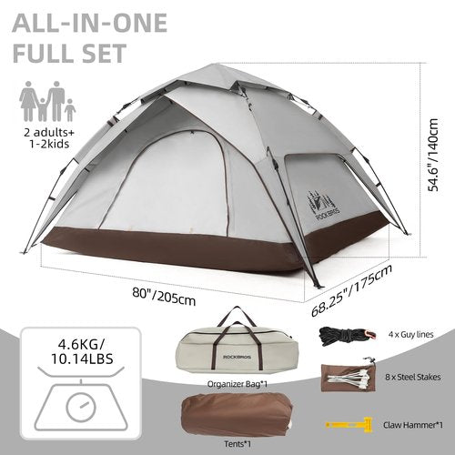 ROCKBROS Camping Tent for 2-3 Person, Waterproof Easy Up Instant Tent Windproof & Sunproof Cabin Tent for Family, Traveling, Outdoor, Hiking