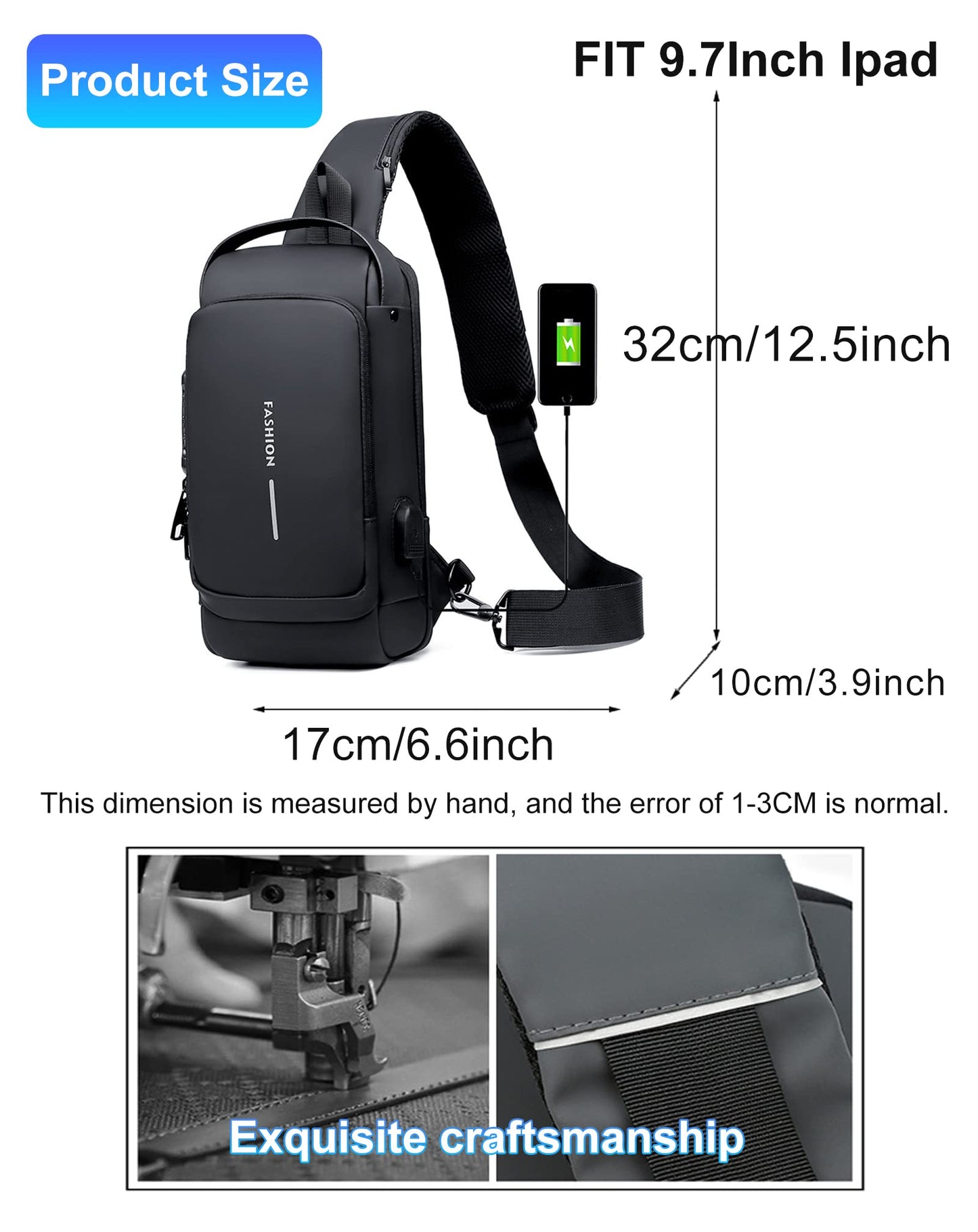 Geanbun Sling Bag for Men Anti-Theft USB Crossbody Backpack Waterproof Chest Daypack Lightweight Shoulder Bag (Black)