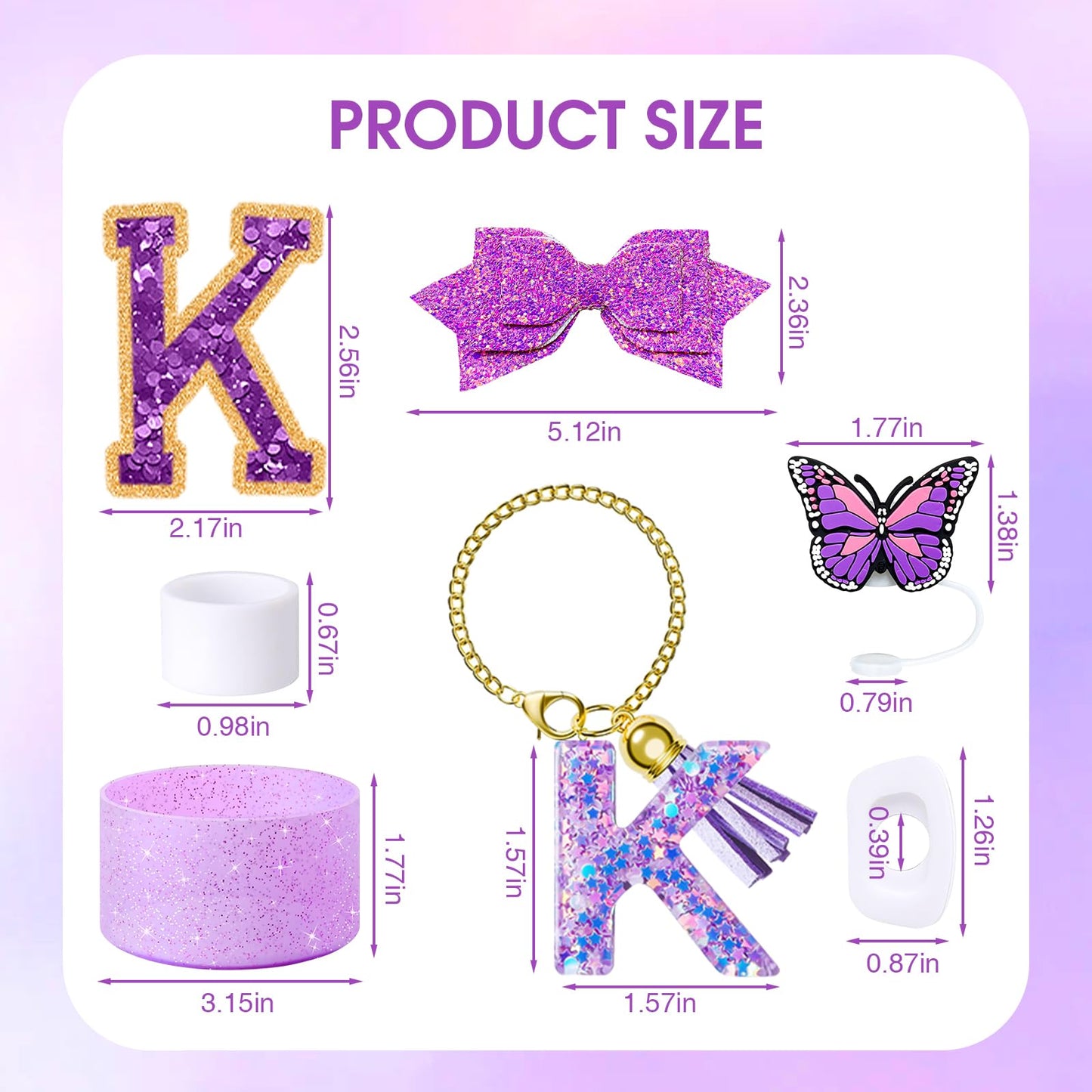 7Pcs Purple Stanley Cup Accessories Set for Stanley Cup 30&40 Oz Tumbler - Silicone Straw Cover Cap and Boot, Letter Charm for Handle, Spill Proof Stopper, Bow straw Decoration, Initial Sticker(K)