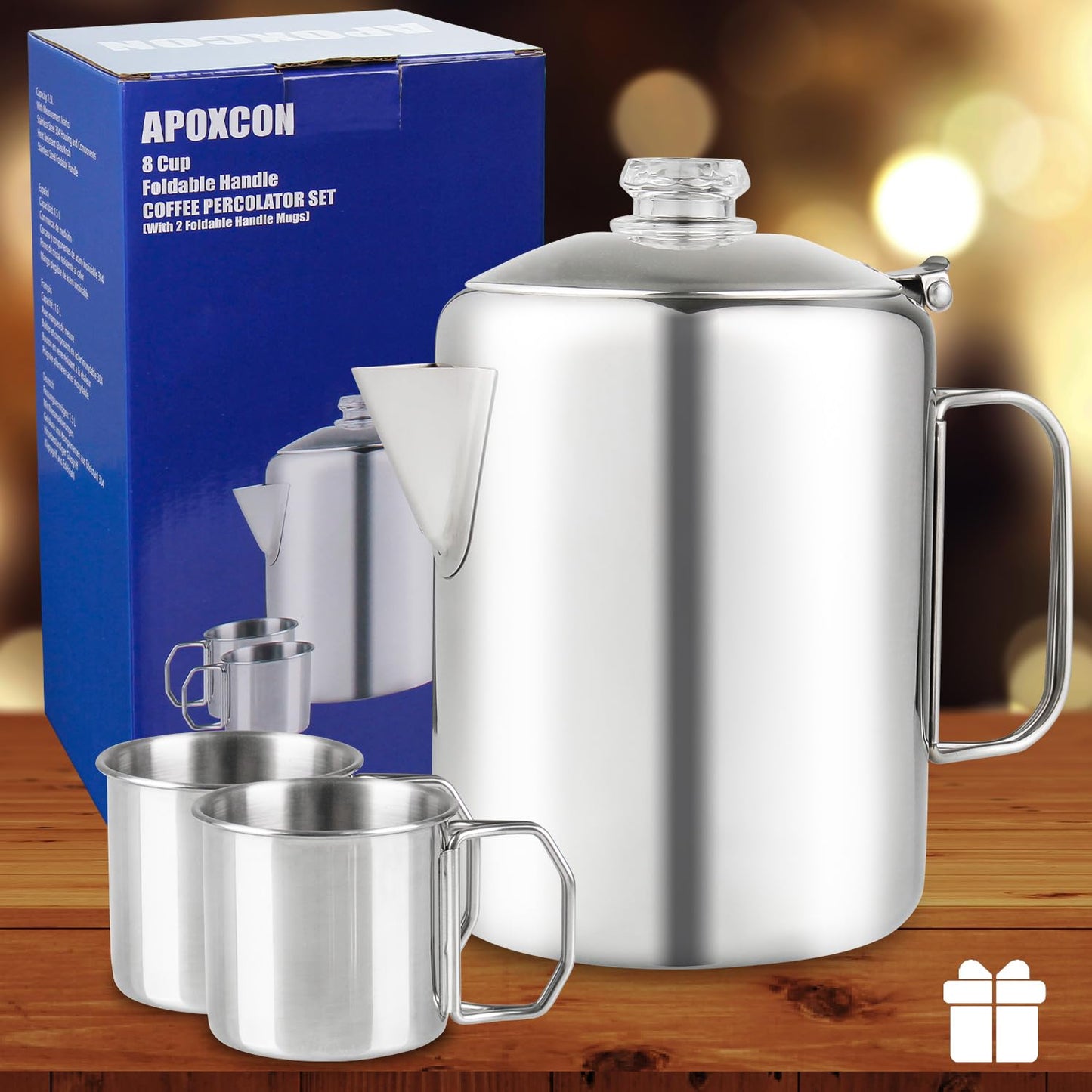 APOXCON Coffee Percolator Bundle with 2 Mugs Stainless Steel Coffee Maker with Heat Resistant Tough Glass Knob & Foldable Handle Using on any Stovetop Outdoor Camping NO Aluminum NO Plastic (8 Cup)