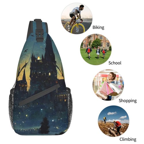 Wizard Castle Halloween Sling Bag Crossbody Backpack for Women Men Hiking Travel Bag Pouch Small Daypack Casual Pack Lightweight Cross Chest Bag Outdoor