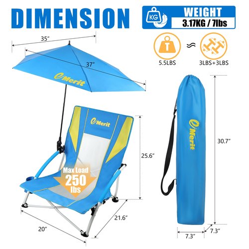 EMERIT Low Beach Chairs for Adults, Sling Beach Chair with Umberalla, Folding Backpack Camping Chair with Cup Holder