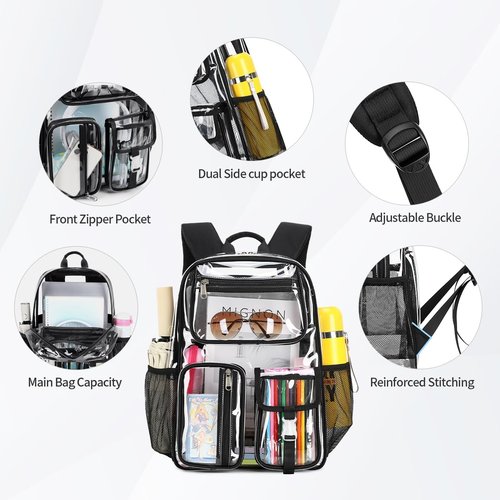 Cusangel Heavy Duty Clear Backpack Clear BookBag,16 x11 x5inch TPU Large Capacity See Through Backpack for Sport Events,Travel (Black)