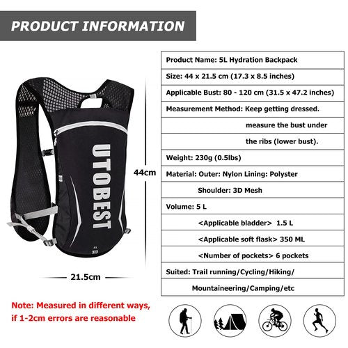 UTOBEST 5L Running Vest with 1.5L TPU Hydration Bladder