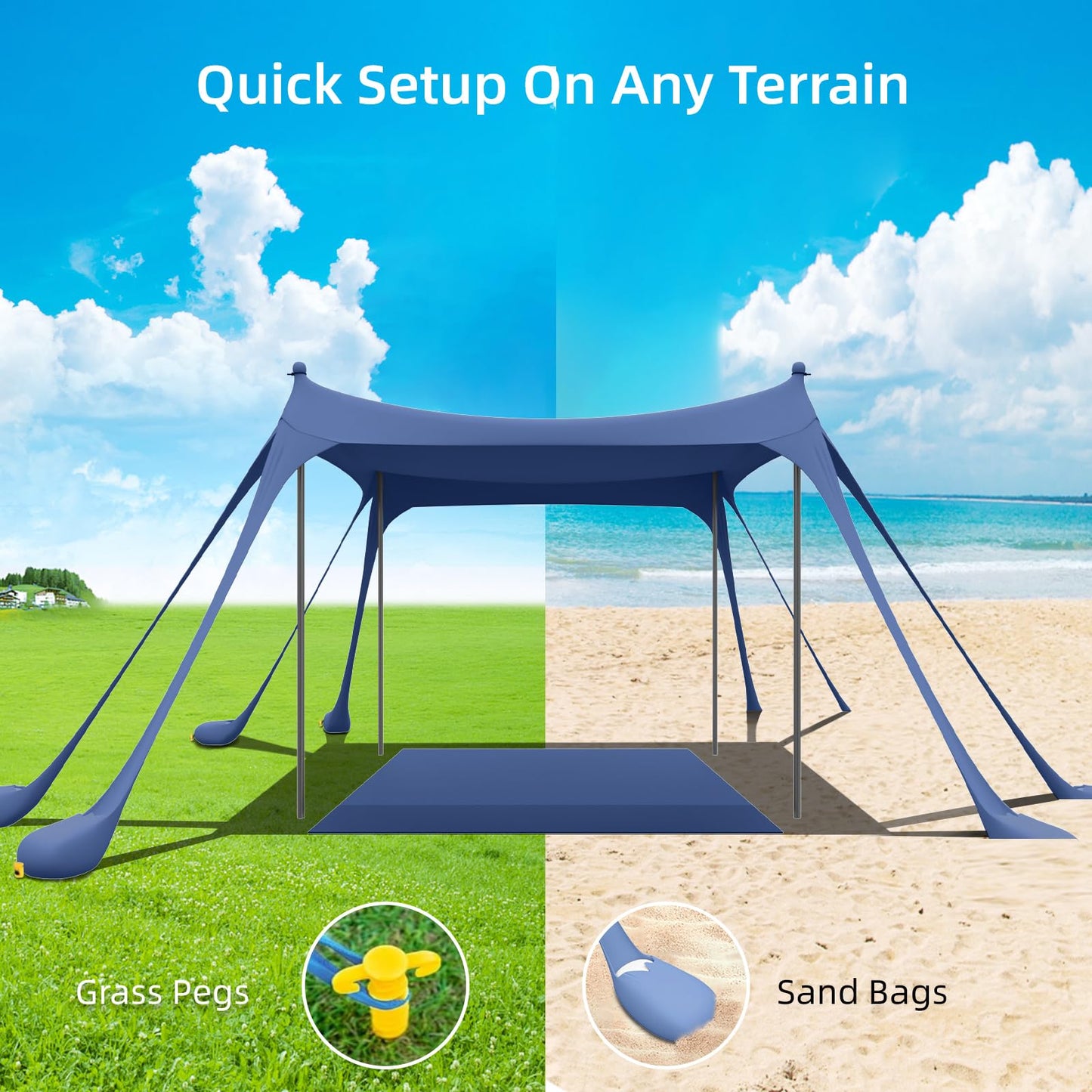 JMOREGO Beach Tent, Camping Sun Shelter with Mat, 2 Sand Shovels, 8 Sandbags, Ground Pegs & Stability Poles, UPF50+ Outdoor Shade Canopy for Camping, Fishing or Picnics (Navy Blue)
