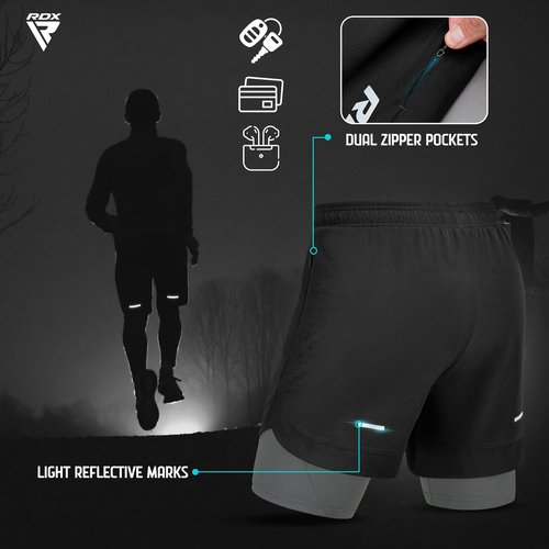 RDX Men’s Running Shorts, 2 in 1 Athletic Breathable Short Compression Liner, 2 Zipper and 2 Phone Pockets, Lightweight Black