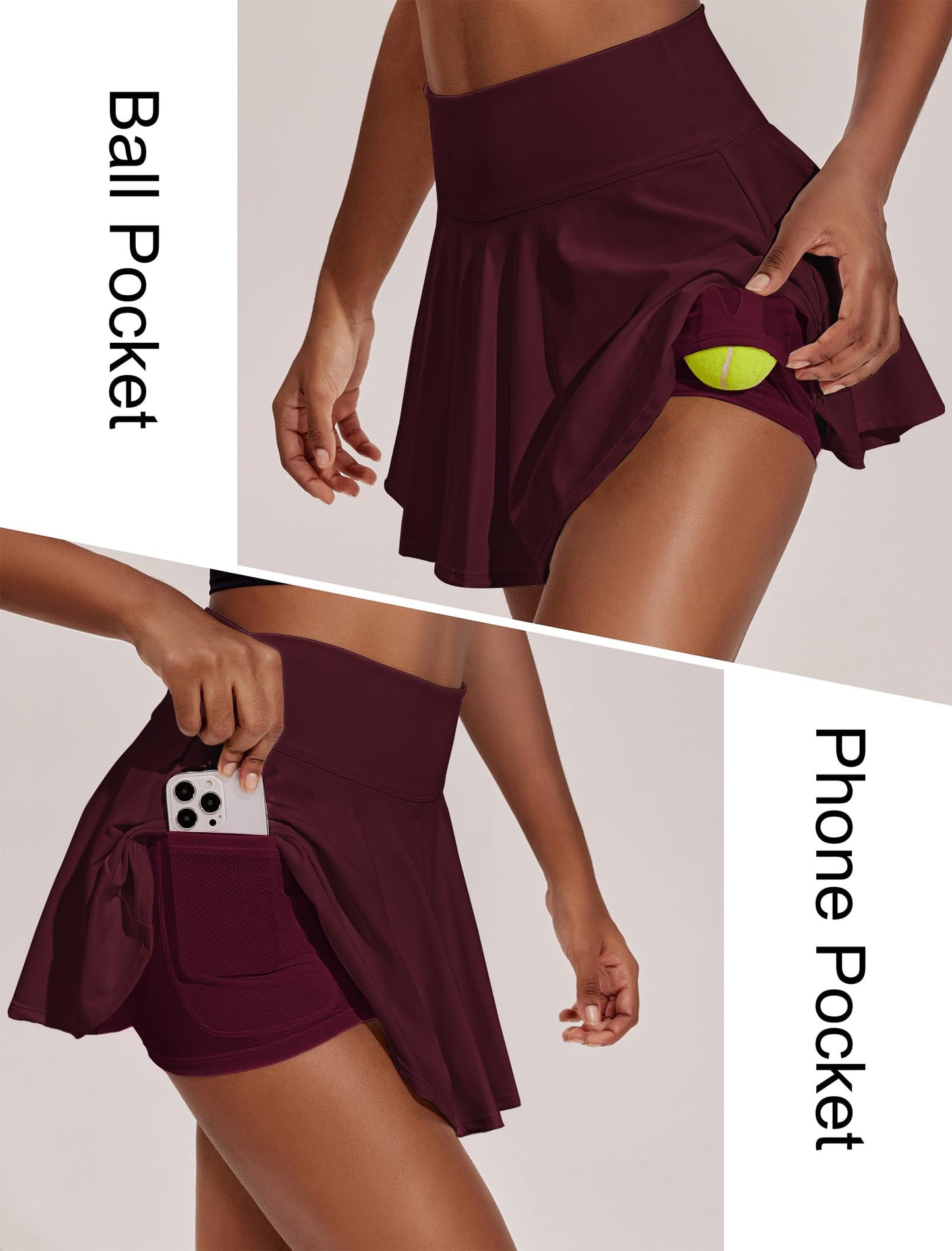 PINSPARK Tennis Skirts for Women High Waisted Athletic Golf Skorts with Pockets Shorts Quick Dry Pickleball Skirt, Red Merlot Small