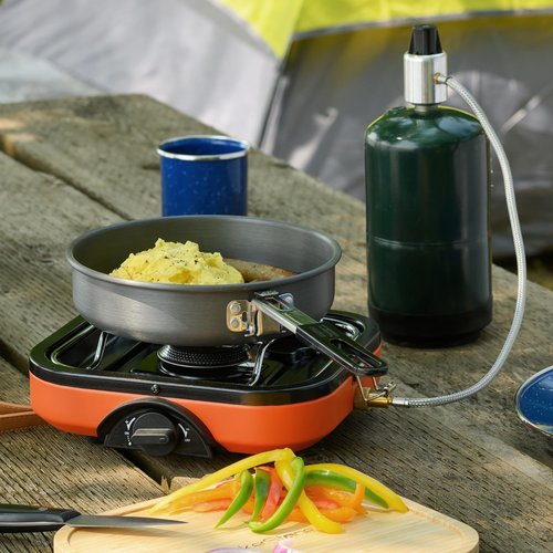 BakerStone Camping Stove, Outdoor Portable Propane Gas Stove with 8000 BTU, Single Burner Camp Stove with Cooking Grate, Wooden Tray, Inlet Gas Regulator and Pipe