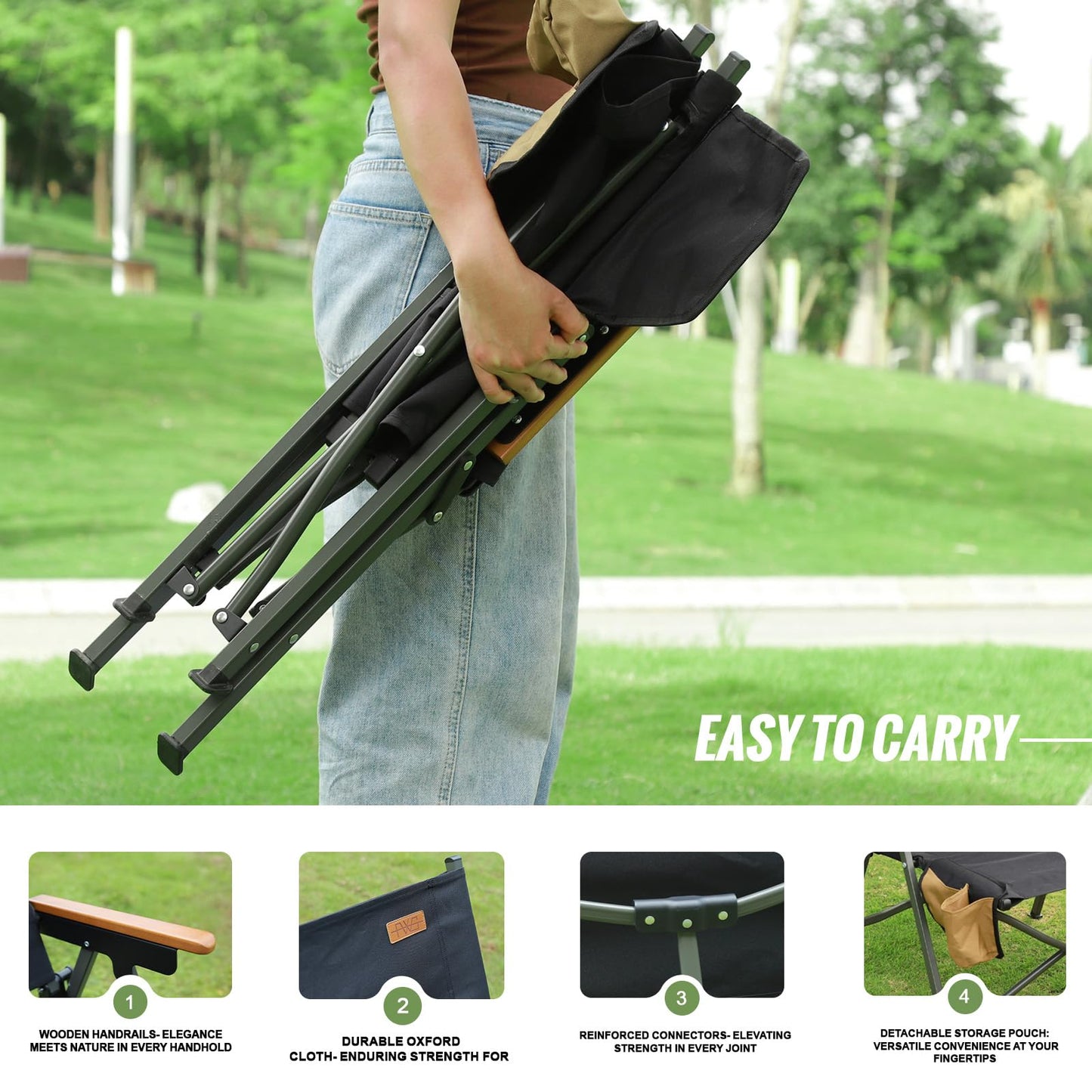 FEIWOOD GEAR Folding Camping Chair, Lightweight Portable Chair Wood Armrest with Side Pockets, Cup Holder for Camping, Picnic, Concert, Beach, Fishing, Outdoor