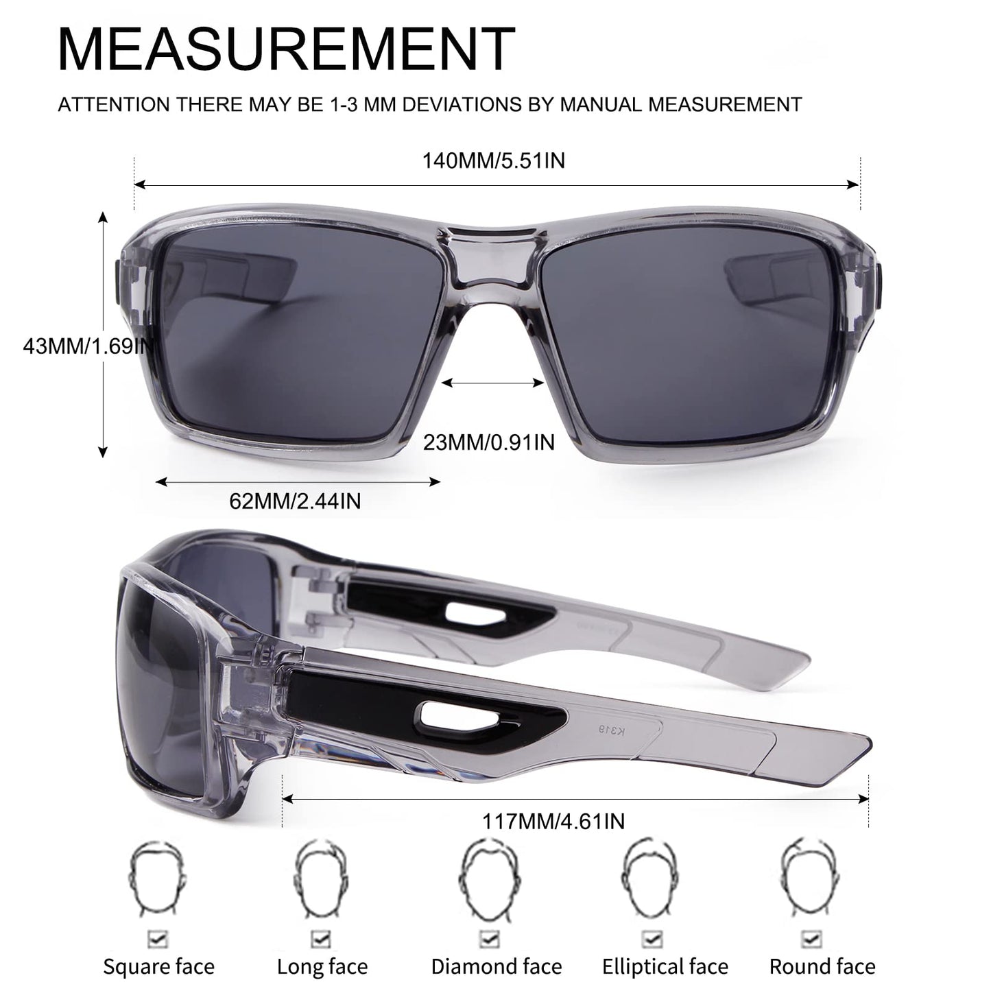 ADE WU Polarized Sports Sunglasses for Men Women, Trendy Rectangle Sunglasses Mens Designer Eyewear for Driving Cycling Fishing (Transparent Grey)