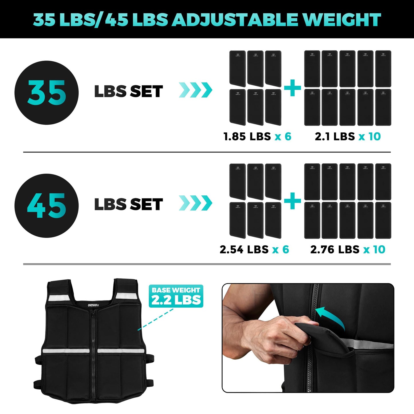 Adjustable Weighted Vest Men 2-35 lbs/2-45 lbs, Rucking Vests for Walking with Zipper/16pcs Silicone Weights, Strength Training Workout Vest for Running Walking GYM Home, Removable Reflective Strips
