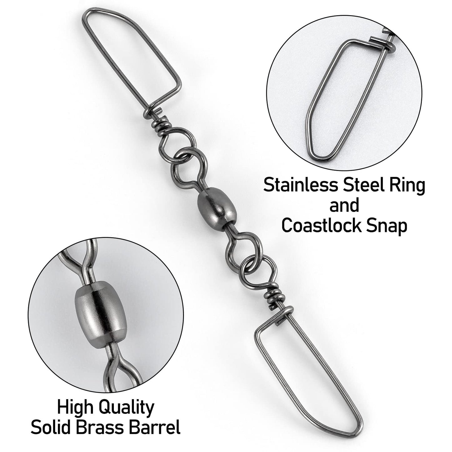 Alwonder 30PCS Double Snap Swivels, Trolling Planer Board Line Release Clips, High Strength Stainless Steel Coastlock Snaps with Black Nickel Coating, Saltwater Barrel Swivels Connector #6 * 1-52LB