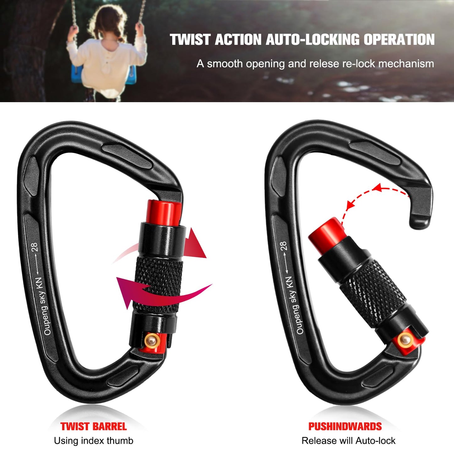 Auto Locking Carabiner Clips - 28KN (6172lbs) Heavy Duty Caribeaners ，4PCS Large Carabiner Clip for Keychains，Hammock，Camping, Gym, Hiking, Outdoor ，Dog Leash