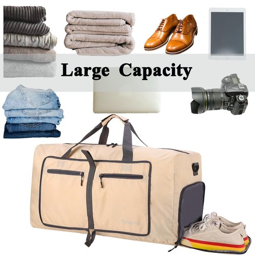 Woogwin Travel Duffel Bag Large Foldable Waterproof Overnight Bag for Beach Swim Bags Pool Sports Gym (60L Khaki)