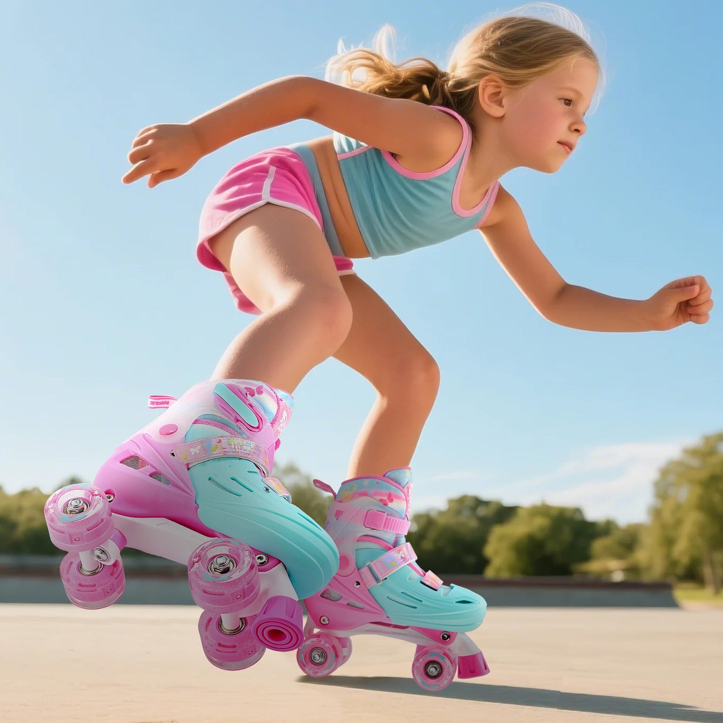 2PM SPORTS Adjustable Roller Skates for Girls Kids Ages 3-5 4-7 5-8 6-12 8-12 with Light Up Wheels, Outdoor Indoor Rollerskates for Kids Beginner Toddler Little Girl Youth Pink Green Butterfly