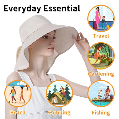 Sun Hat for Women with Neck Flap Ponytail Hole Women Sun Hat Rollable UV Protection Fishing Hat Wide Brim UPF 50+(Purple)