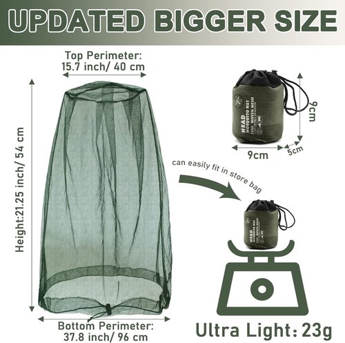 Benvo Mosquito Head Net Mesh, Face Neck Fly Netting Hood from Bugs Gnats Noseeums Screen Net for Any Outdoor Lover- with Carry Bags Fits Most Sizes of Hats Caps (2pcs, Grey, Updated Big Net)