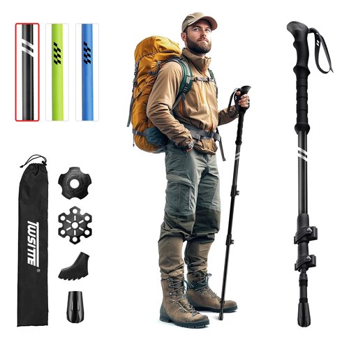 Twsitte Collapsible Hiking Poles,1 Poles Lightweight Aluminum Adjustable Walking Poles,Carbon Fiber Trekking Poles with Flip Lock and EVA Grips Suitable for All Kinds of Travel (Black)