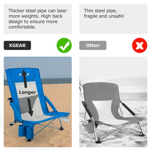 XGEAR Beach Chair Sturdy Beach Chairs for Adults with Cooler Bag, High Back Camping Chair with Side Pocket, Cup Holder & Carry Bag, for Outdoor Sand-Blue