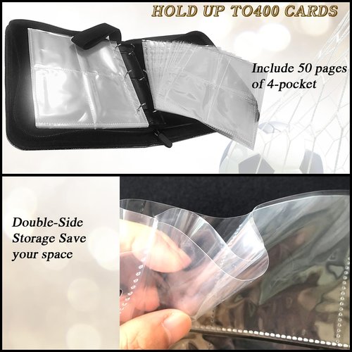 Trading Card Binder 400 Pockets, Soccer Card Binder Holder with 50 Removable Sleeves Fits 400 Sport Cards, Soccer Card Gifts Collector Album with Zipper Storage Display Case