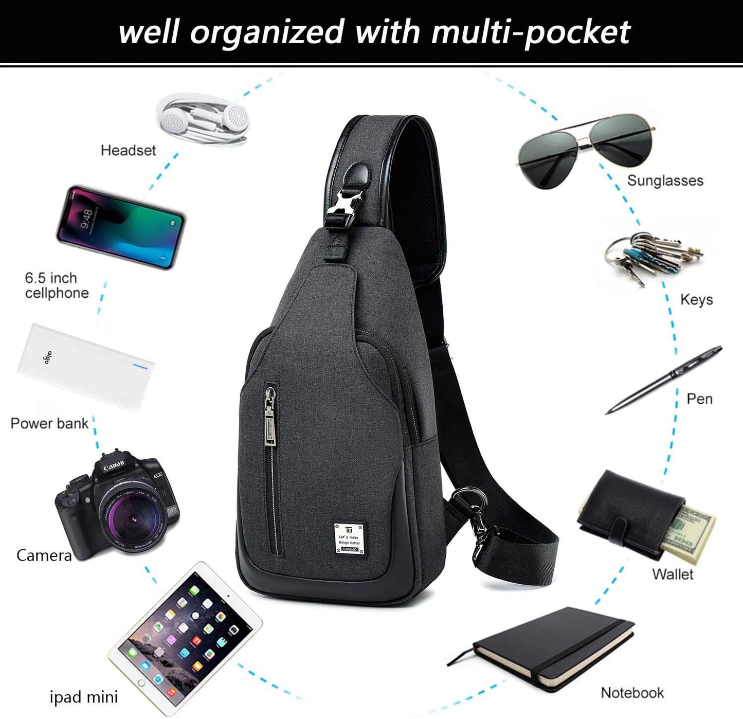 Small Sling Bag Crossbody Backpack Over the Shoulder Bag for Men Women Travel Outdoors, Lightweight Chest Pack (Small, Black)