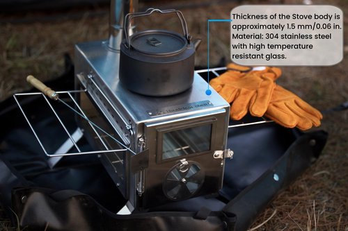 Dandelion shell Portable Camping Wood Stove with View Glass and Cooking Function, 8 Stainless Steel Chimneys for Shelter, Hunting, Outdoor Cooking, and Heating (304 Stainless Steel)