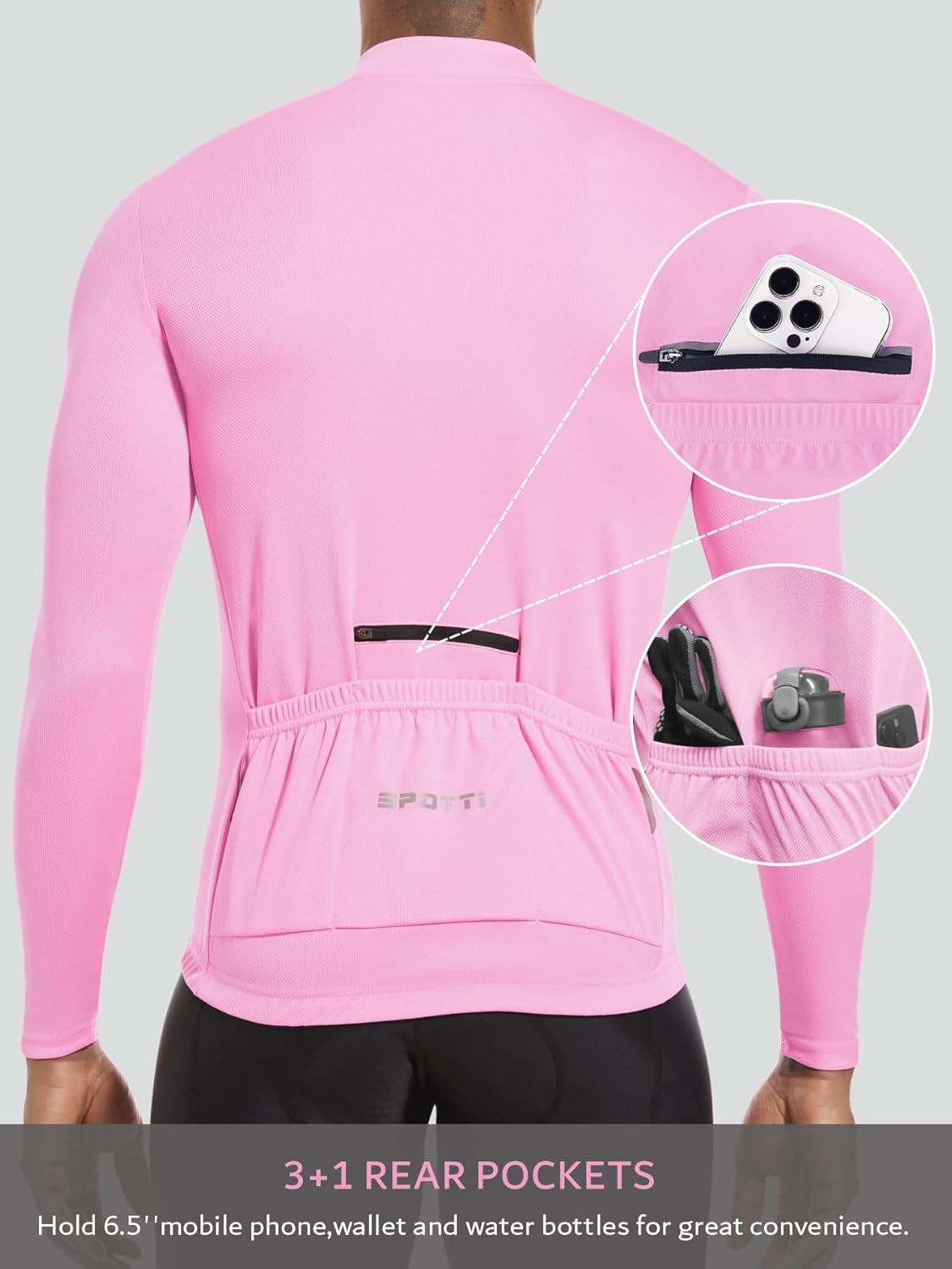 Spotti Men's Cycling Bike Jersey Long Sleeve with 3 Rear Pockets - Moisture Wicking, Breathable, Quick Dry Biking Shirt
