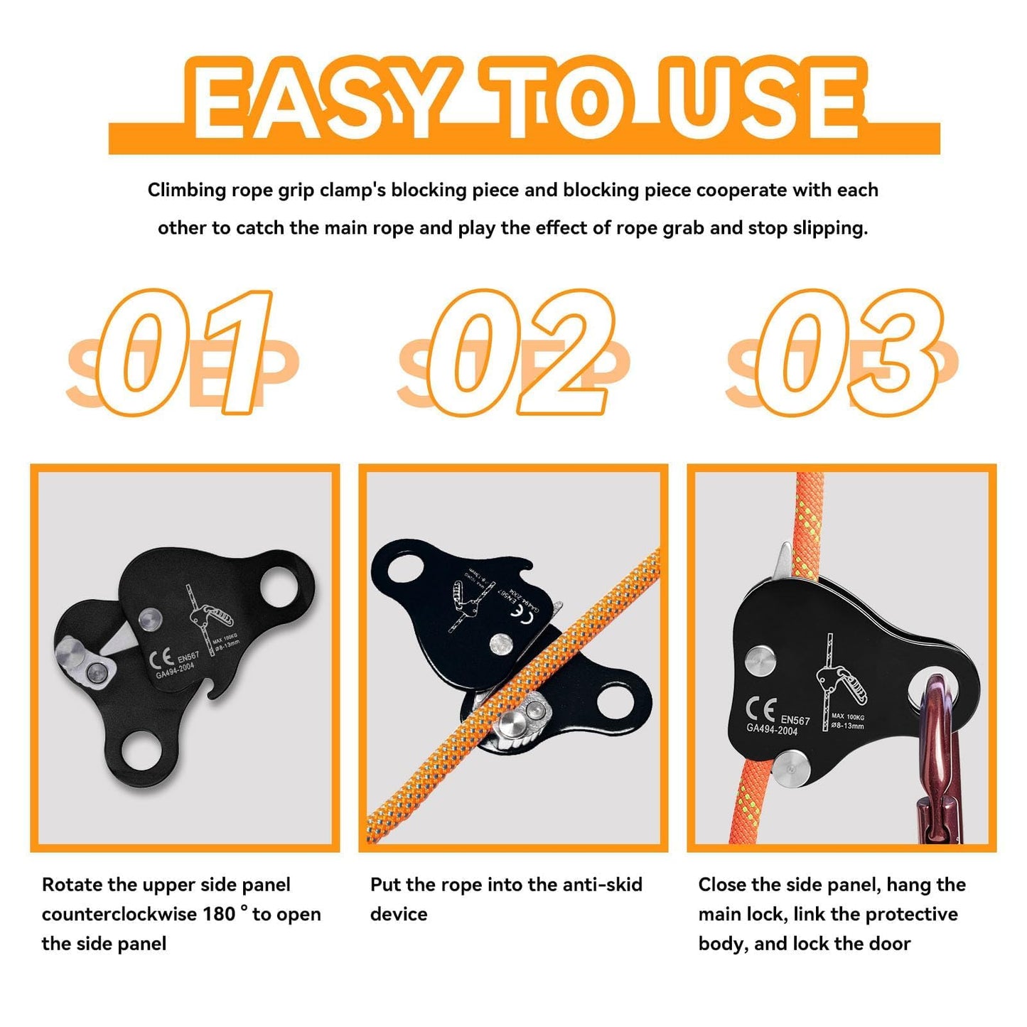 HERCHR Climbing Rope Grab Ascender Riser Adjuster, Self Locking Stop Descender 8‑13mm Climbing Rope Grab Stopper Rescue Rappel Ring Climbing Gear Rocking Fall Arrest Protection Belay Device(Black)