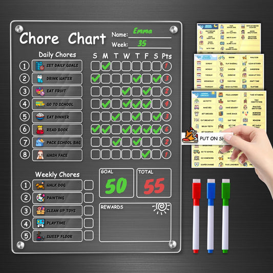 Acrylic Magnetic Kids Chore Chart for 2 Kids, Dry Erase Daily/Weekly Chore Chart with Cute Chore Stickers & 6 Markers for Refrigerator, Clear Chore Board for Kids Chore List for Kids 9"x12"