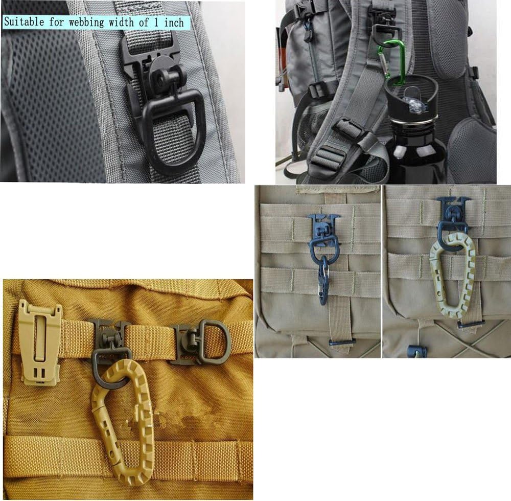 Jadedragon Multipurpose Tactical 360 Rotation D-Ring Clips/Locking Carabiner/Hydration Tube Clips/Elastic String Strap Management Tool for MOLLE Webbing Attachment Backpacks