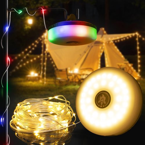 DGE Camping String Lights, 8 Lighting Modes 4-in-1 Outdoor String Lights with RGB and Warm White Light (32.8ft), Quick Storage, Waterproof, Type-C Charging for Camping, Holiday