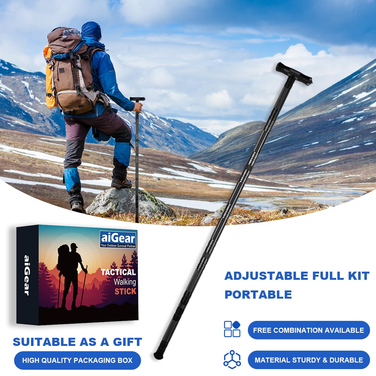 aiGear Hiking Walking Stick 13 in 1 Tactical Walking Staff with 3 Survival Tool Adjustable Outdoor Trekking Poles for Survival Camping Hiking