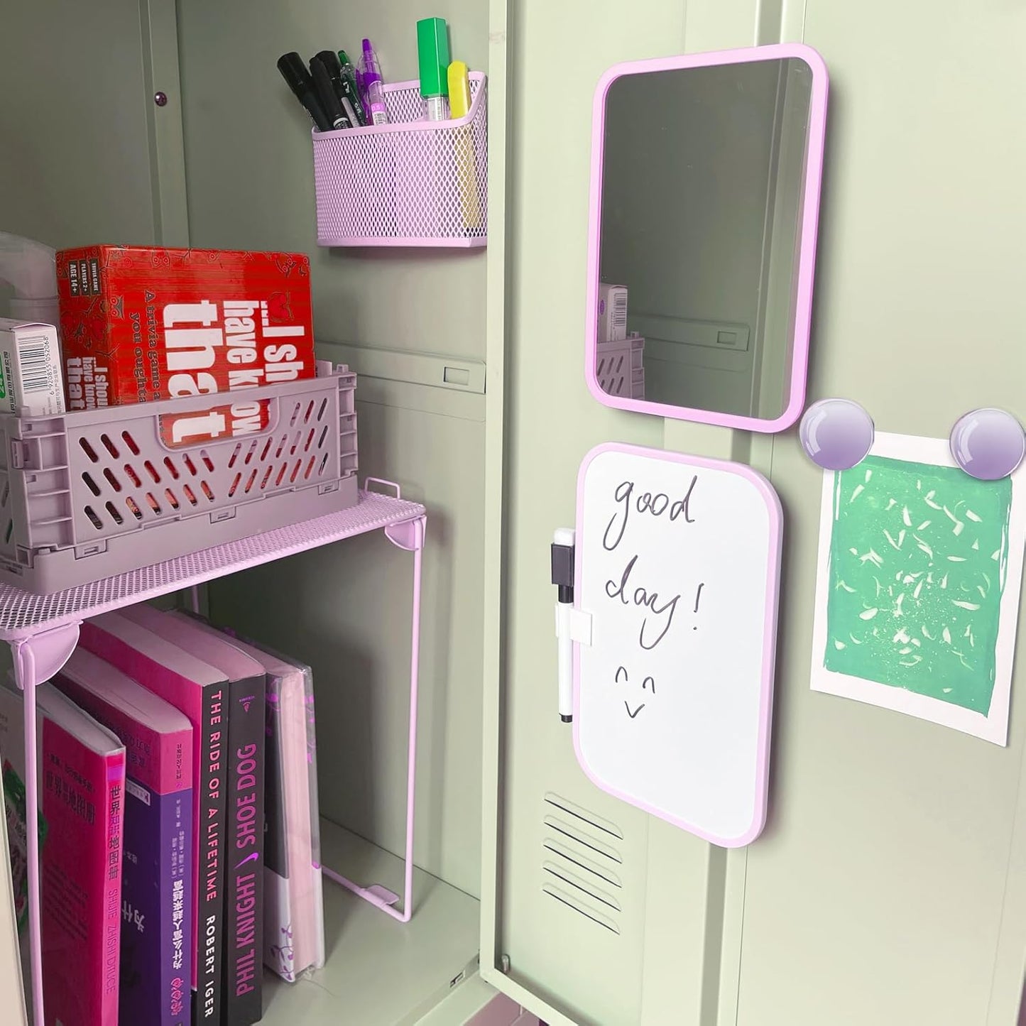 Pink Locker Accessories with Locker Shelf, Magnetic Mirror, Magnetic Pen Holder, Magnetic Small Whiteboard, Back to School Essentials Locker Decorations, 7 Piece Locker Organizer for Work