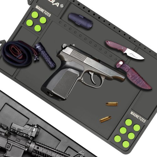 Klola Pistol Gun Cleaning Mat, Magnetic Gun Cleaning Pad Mat for Glock, Handgun Mats Cleaning with Organizer Parts Tray, Anti-Slip Thick Rubber Glock Cleaning Mat Protective Workbench Inch Ruler,Grey