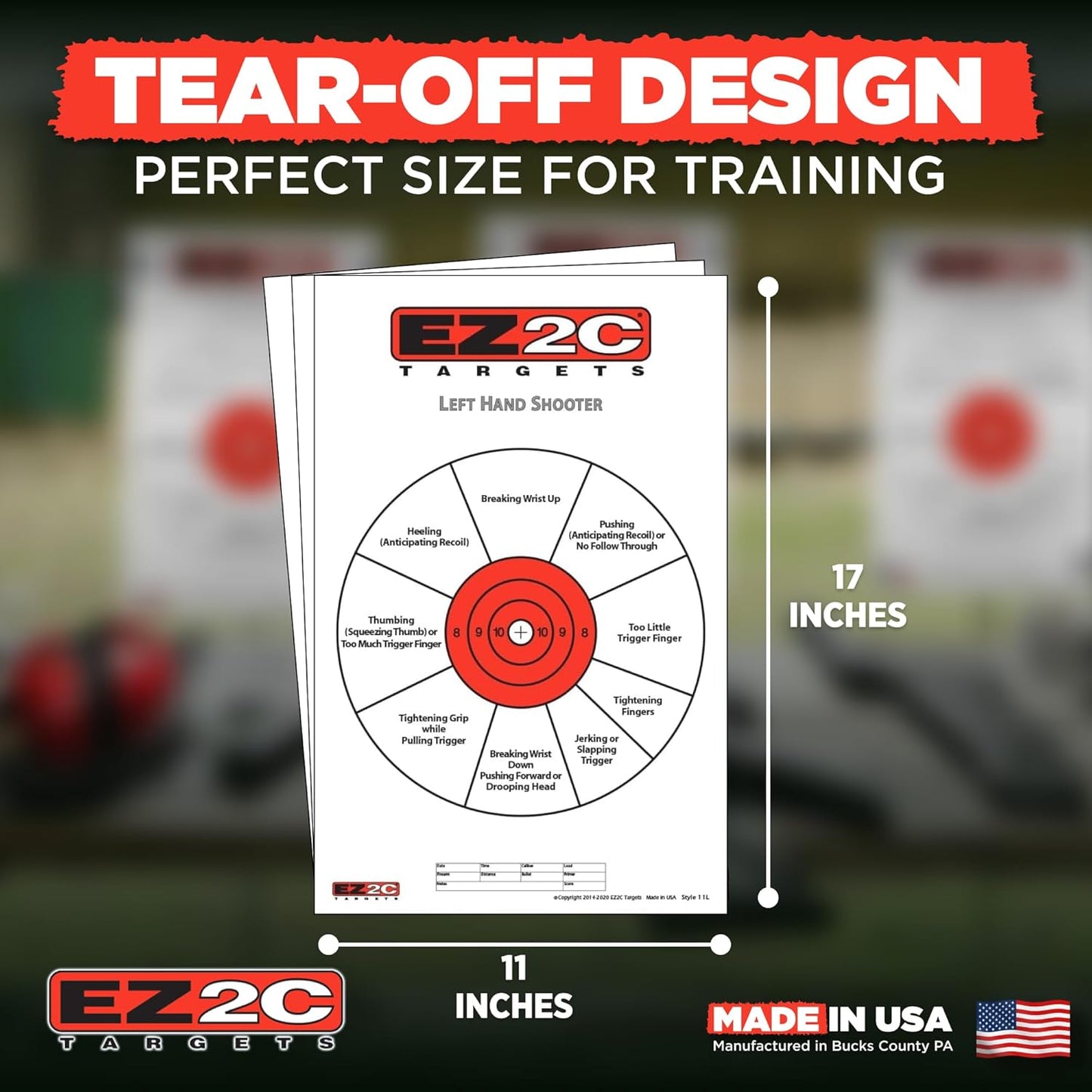 USA Made EZ2C Right Hand/Left Hand Shooting Range Diagnostic Training Paper Target 11"x17" Tear-Off Pad of 25