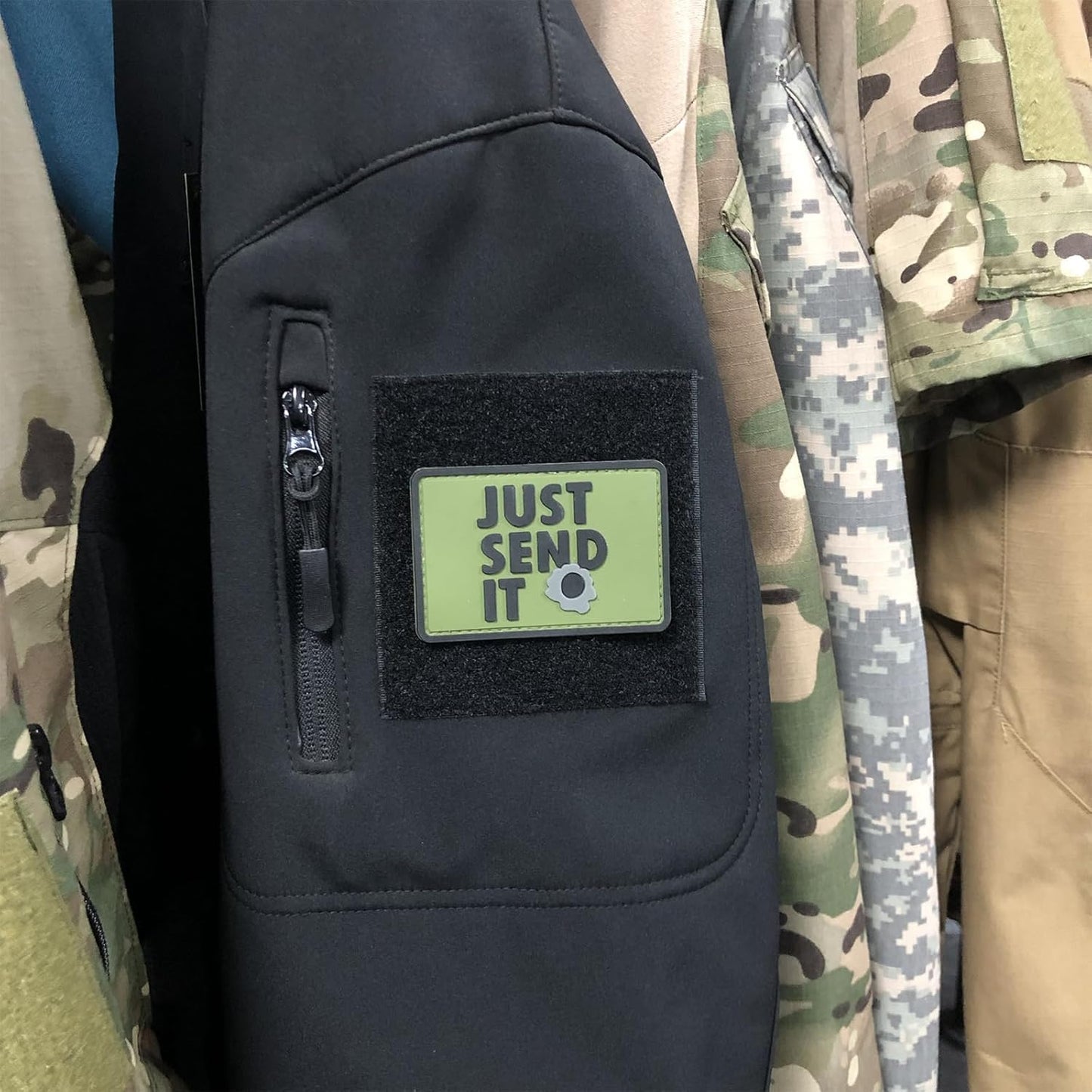 Just Send It Sniper Rubber Tactical Patch 2.95x2 inches with Hook Fastener Back for Hats Caps Clothing Vests Bags Backpacks (Tan)