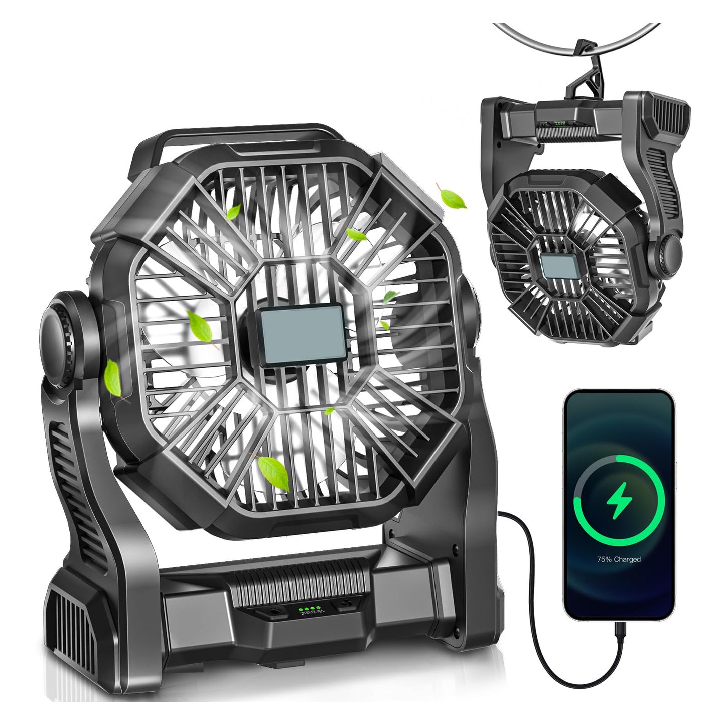 AEscod Portable Camping Fan, Rechargeable Battery Operated with LED Lights, Hanging Hook, 270°Rotation, 20000mAh Battery Powered Fan for Beach, Office, Picnic, Fishing, Travel, Tent