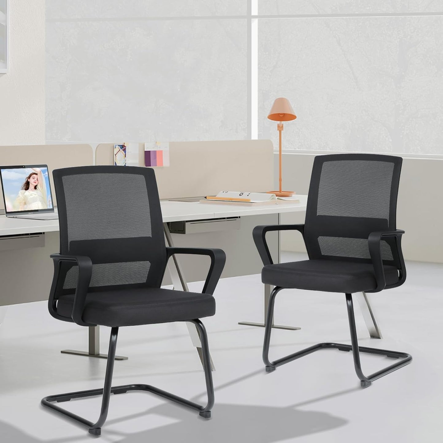 Athena Collection Desk Chairs No Wheels Set of 2, Office Guest Chairs with Sled Base Mesh Back Armrest, Side Reception Armchairs for Reception Conference Waiting Room, Black