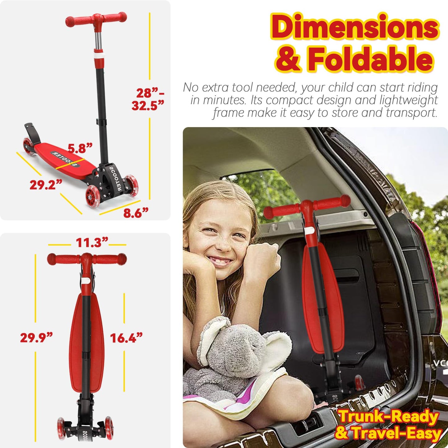 Scooter for Kids 3-12, Kid Scooters with Extra-Wide Deck, 165 lb Capacity, 3 Wheel Lean to Steer Kick Scooter and Height Adjustable Handlebar, Light Up Wheels for Stable Smooth Riding, Xmas Child Gift