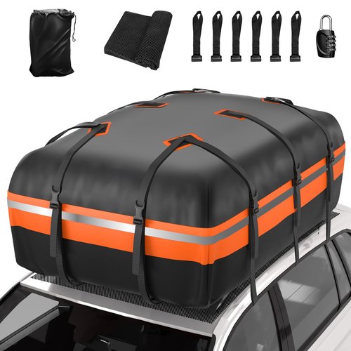 Rooftop Cargo Carrier - Car Roof Bag, 1000D PVC Soft-Shell Waterproof for Cars with/Without Racks, Includes Anti-Slip Mat, Storage Bag, Luggage Lock, 6 Extra Straps, 21 Cubic Feet