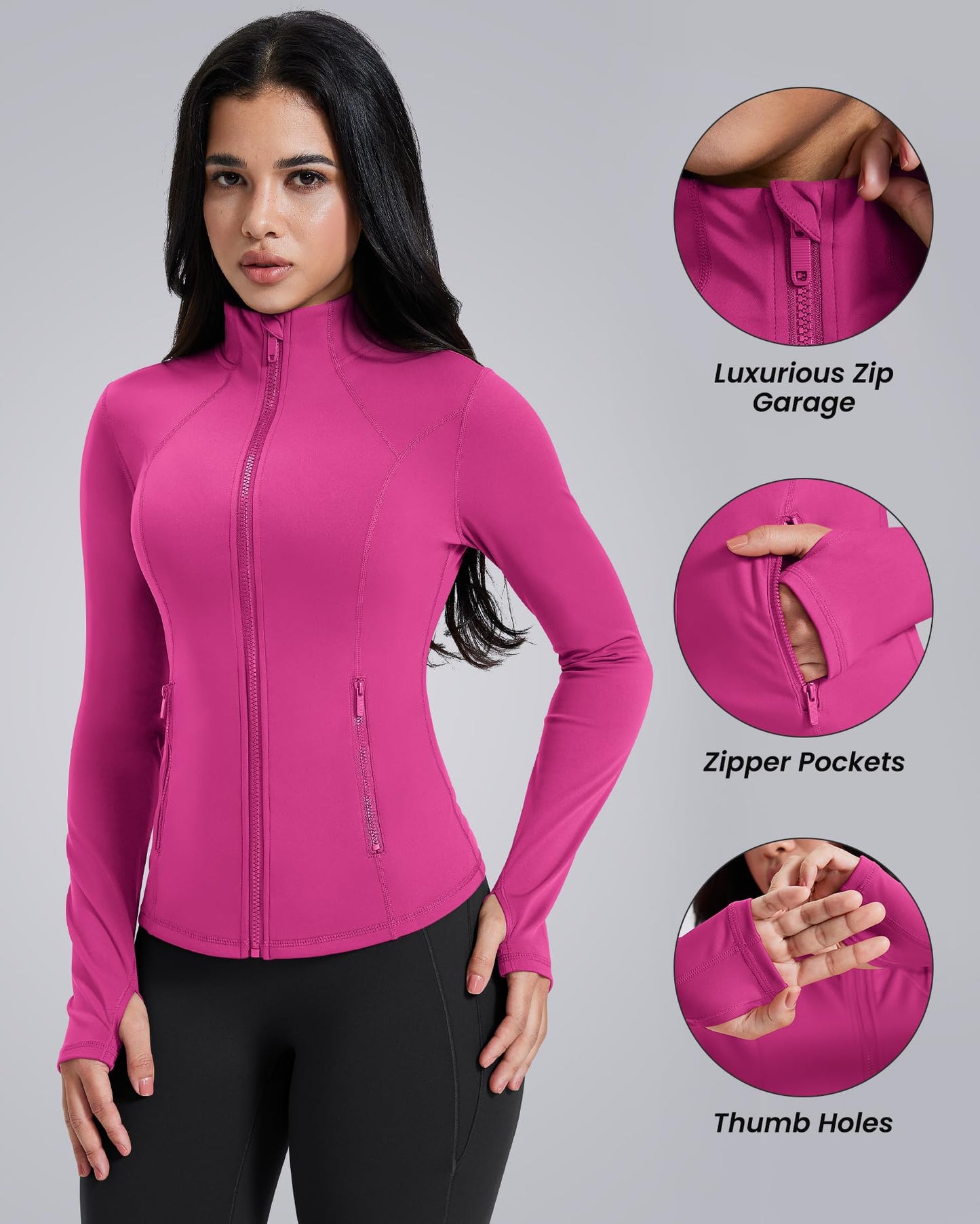 AVGO Womens Workout Jackets Lightweight Athletic Zip Up Jacket Slim Fit Running Gym Top with Pockets & Thumb Holes(Hot Pink, S)