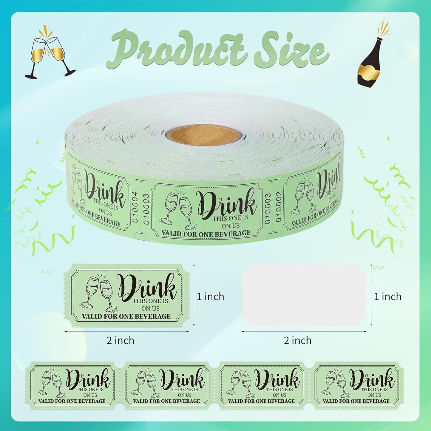 1000 Pcs Drink Ticket Single Raffle Tickets Roll Cocktail Design Free Drink Ticket for Events Wedding Work Formal Parties Leisure Class Reward