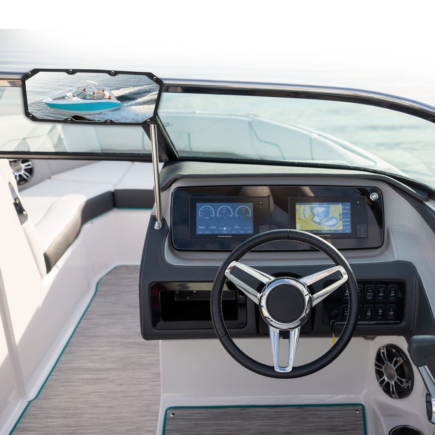 MZS Boat Mirror Rear View, Universal Marine Mirrors Wide-Angle Convex Windshield Accessories Black Compatible with Ski Yacht Pontoon Water Skiing Bowrider Watercraft Surfing Boats
