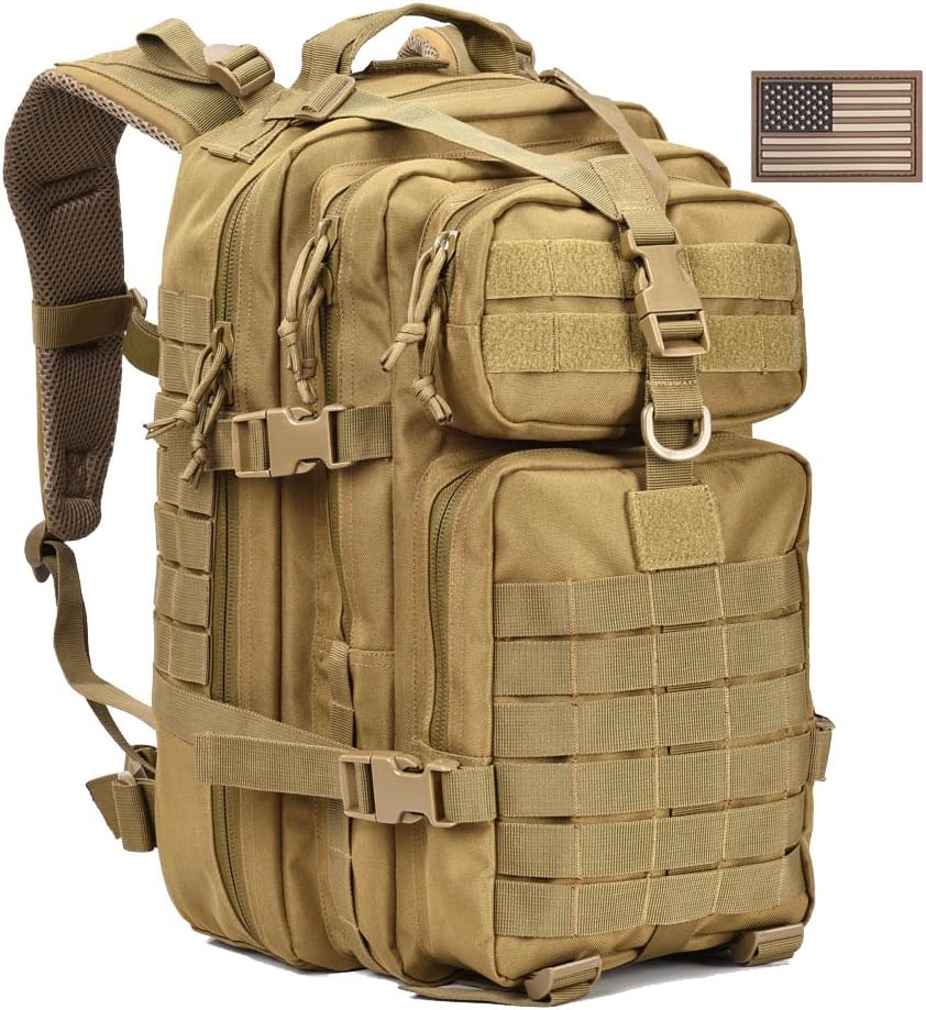 REEBOW GEAR Tactical Backpack Army Molle Military Style Assault Pack Bug Bag Backpacks 34L Daypack (With Flag Patch, Black)