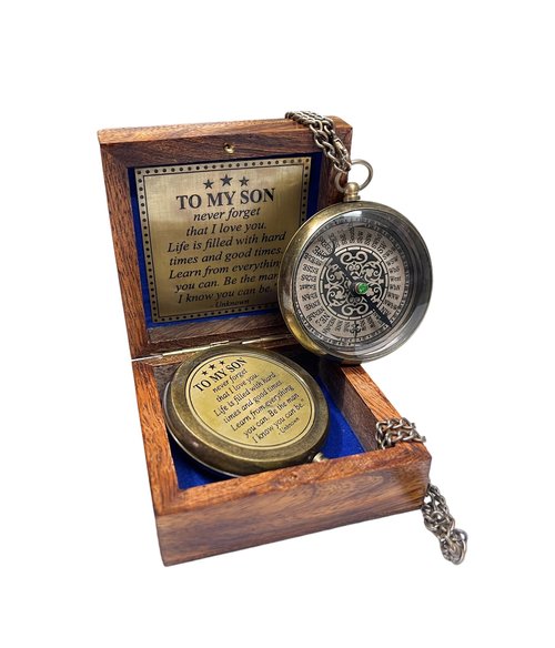 Handmade Brass Engraved Compass on Chain with Wooden Box, Vintage Style Nautical Compass with Intricate Engraving, 2.25 Inches in Diameter