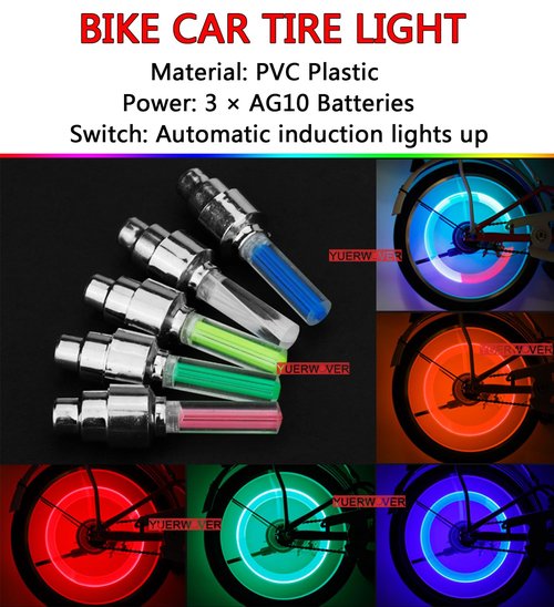 YUERWOVER 4 Pack LED Bike Wheel Stick Light Car Tire Valve Stem Cap Bicycle Motor Tyre Flash Light Reflector Accessories for Kids Men Women with 10 Extra Batteries(Green)
