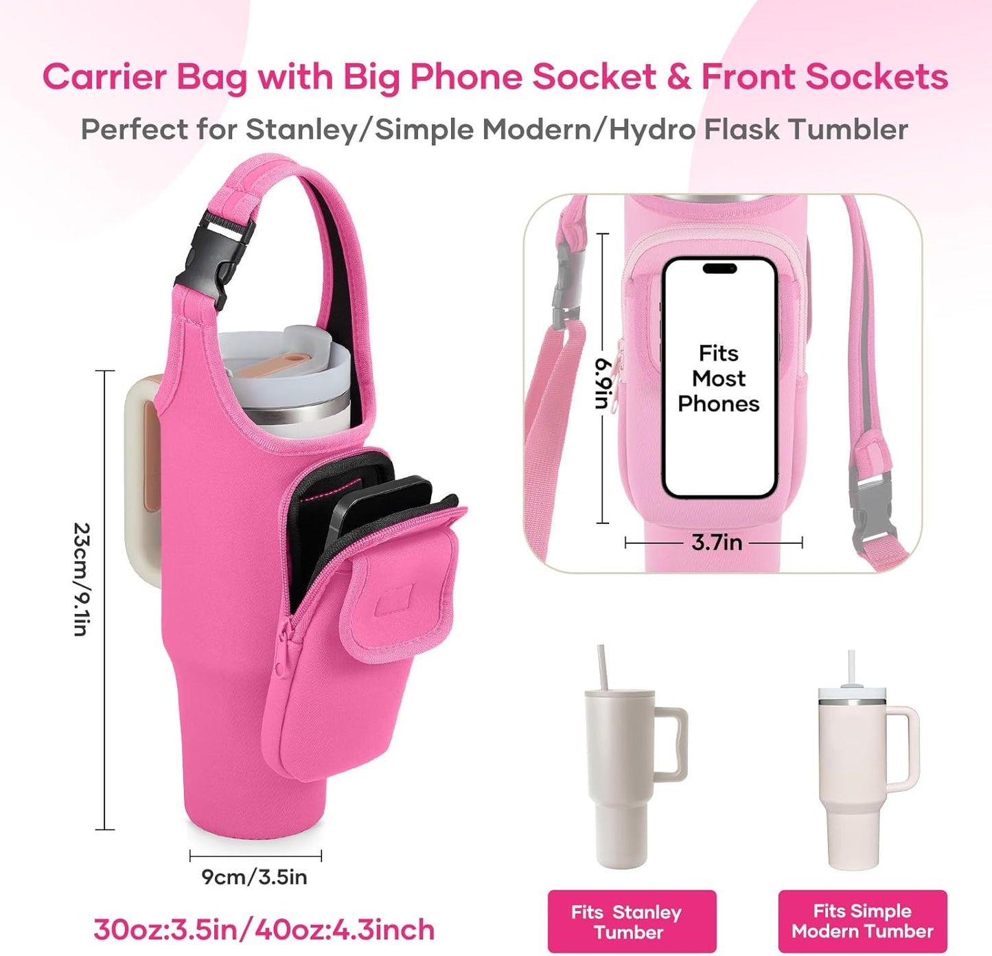 Insulated Neoprene Carrier Bag for Stanley 40/30oz Tumbler | Phone & Flap Pockets