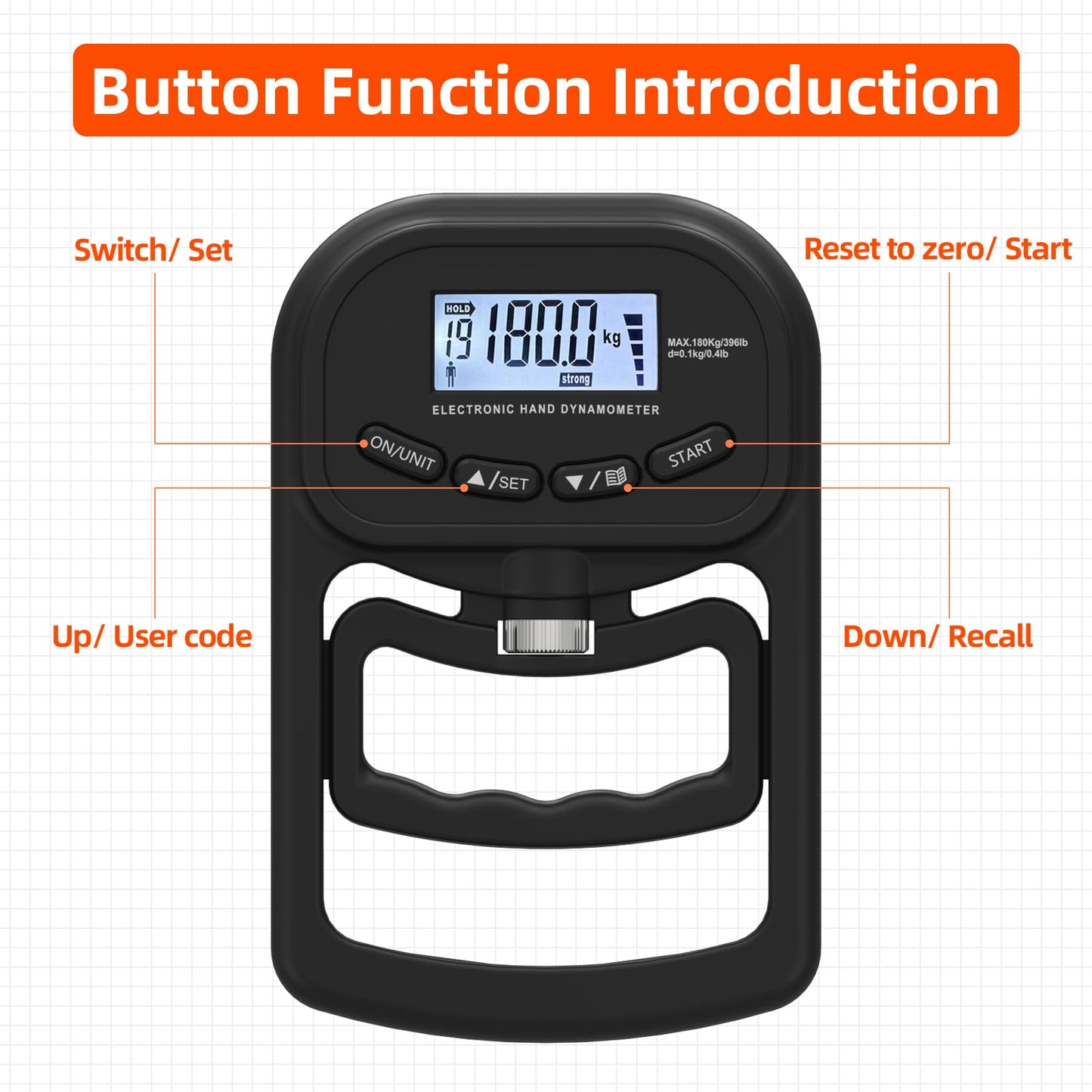 inaepeak 396lbs / 180kg Grip Strength Tester, Rechargeable Electronic Hand Dynamometer, Digital Grip Strength Tester with LCD Display, Adjustable Hand Grip Dynamometer Hand Exercisers for Strength