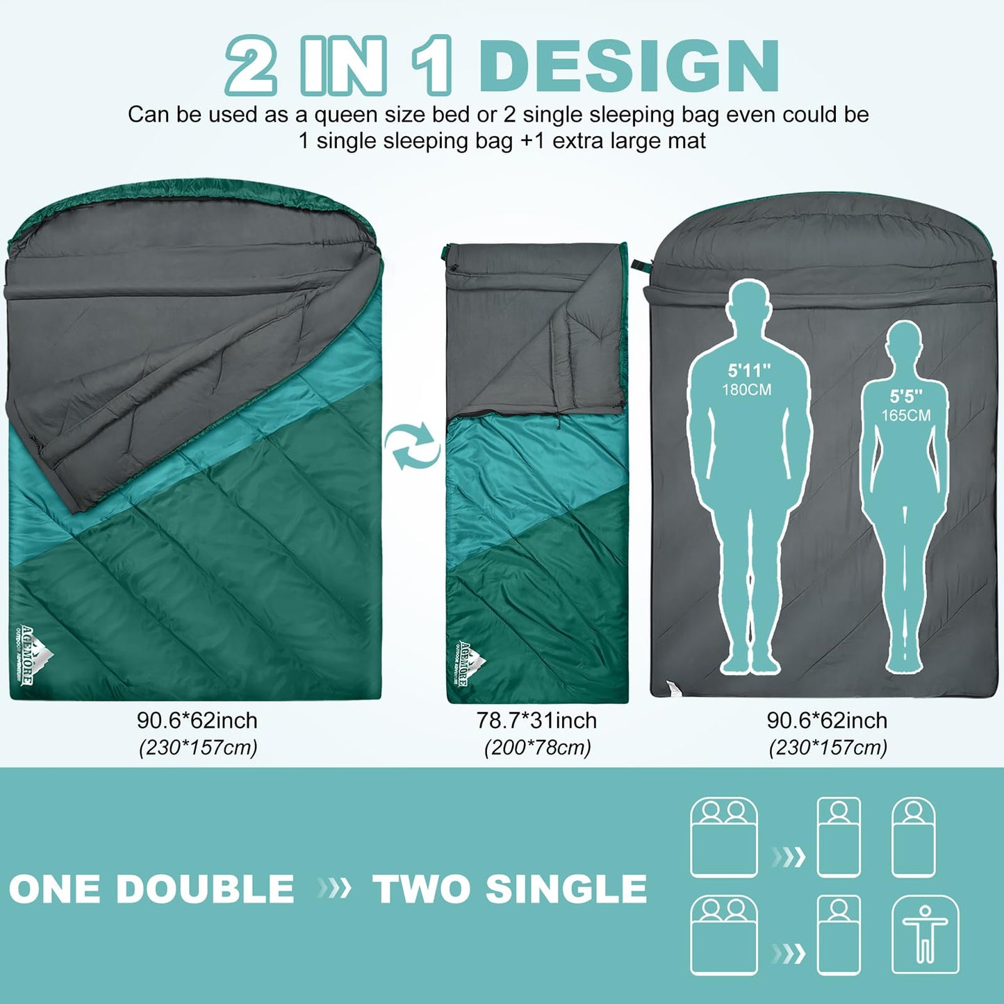 AGEMORE Double Sleeping Bag for Adults, Lightweight Queen Size 2 Person Sleeping Bag with Draft Tubes & Hood, Fit for Warm & Cold Weather Camping Hiking Backpacking Or Traveling